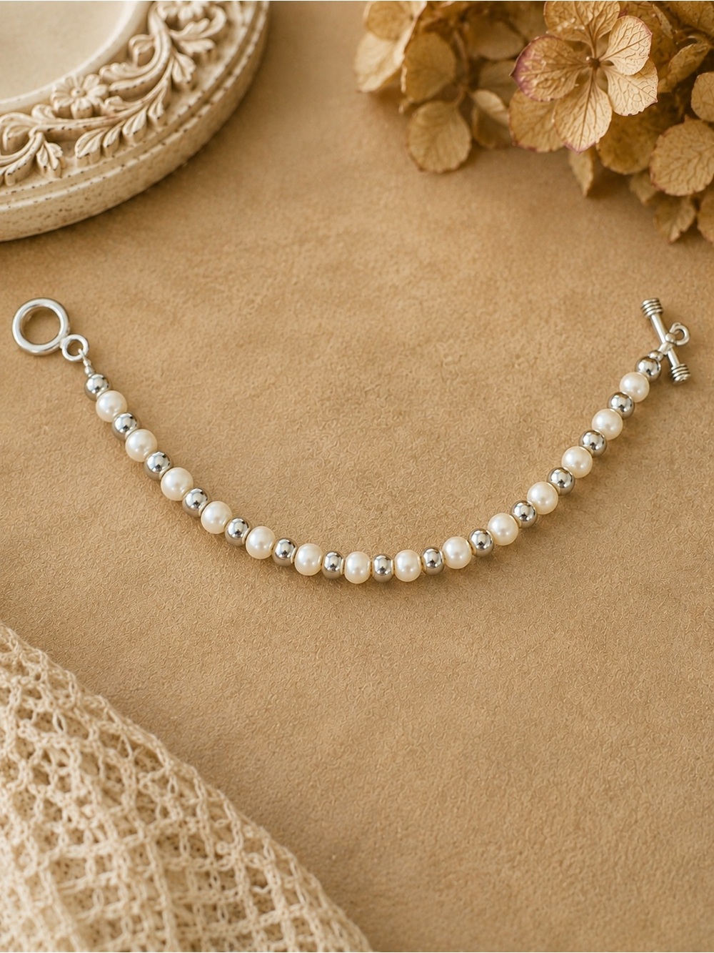Retired Silpada 925 Sterling Silver Freshwater Pearl Beaded Toggle Bracelet